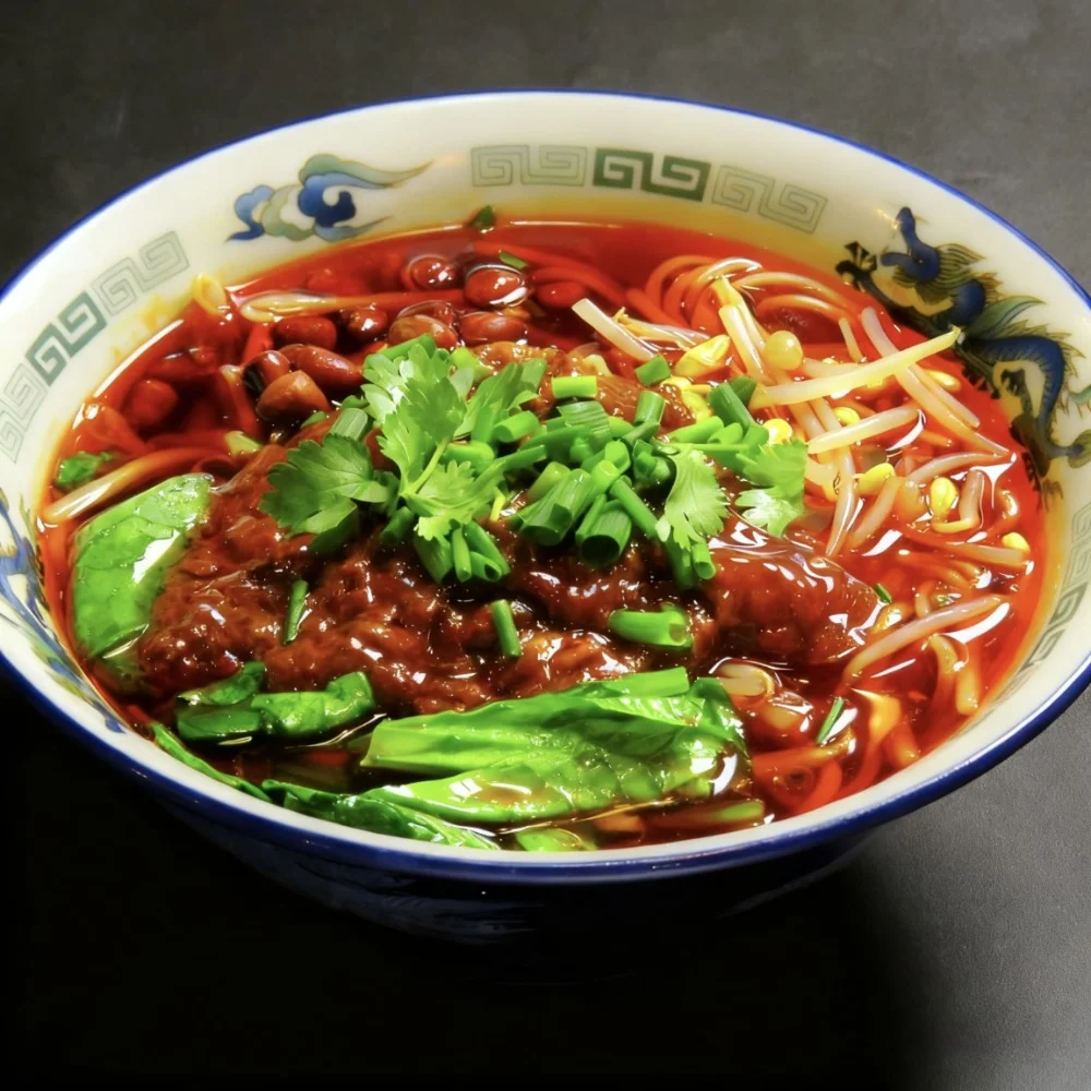 店名入りの器で提供する、香菜と牛肉をのせた米道の米粉麺