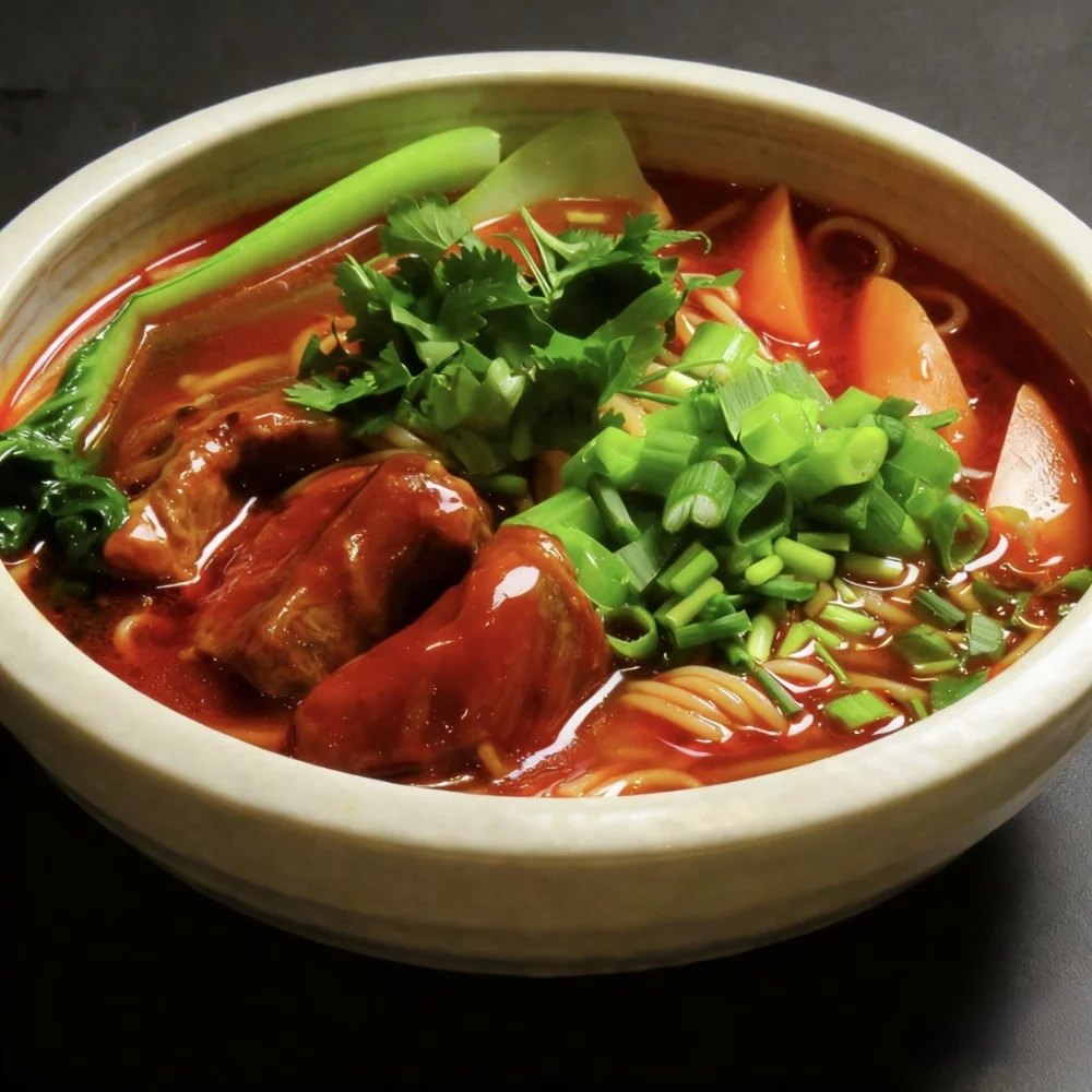 牛肉の煮込みと青菜をのせた温かいスープ米粉麺